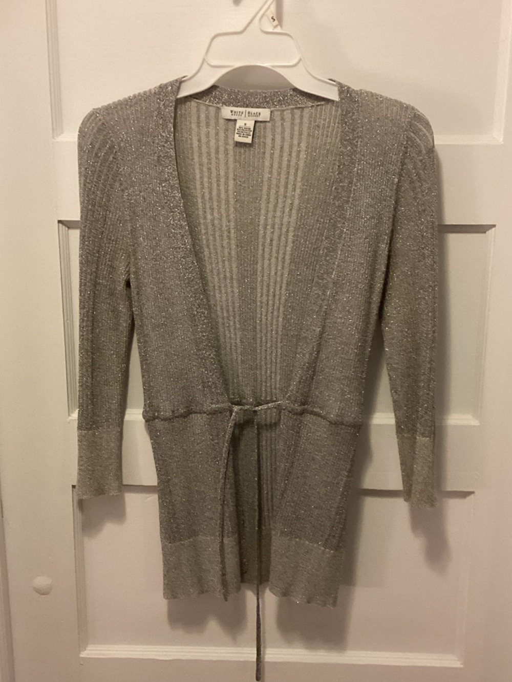 White House Black Market Silver Tie-Waist Metallic Cardigan